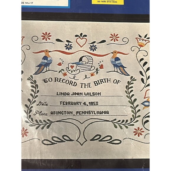 Vtg Needles N Hoops No 123 Birth Certificate 14x17 Embroidery - Picture 6 of 6